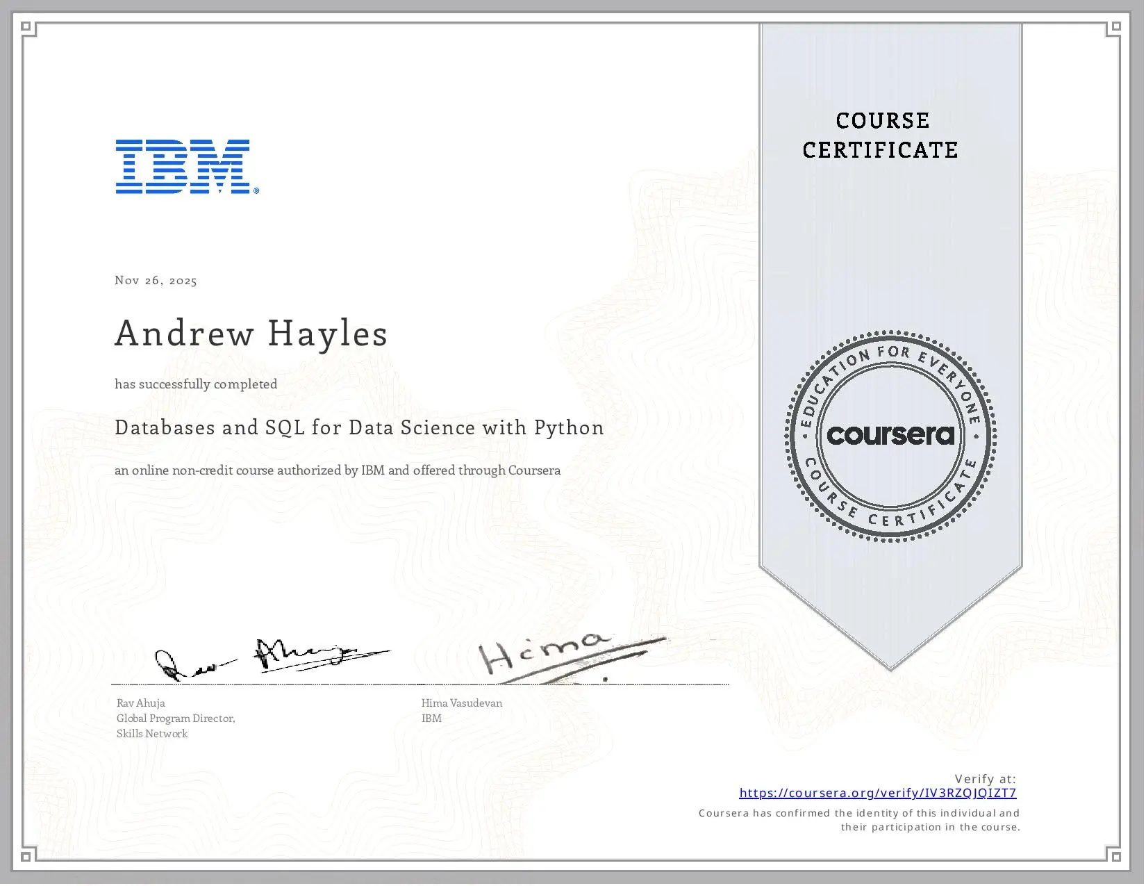 IBM Course Certificate 5 - Databases and SQL for Data Science with Python