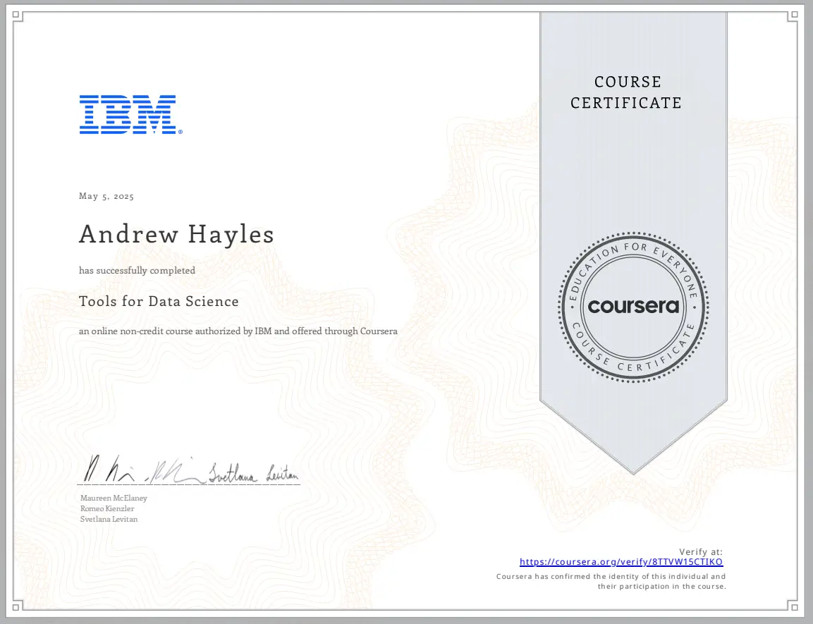 IBM Course Certificate 2 - Tools in Data Science