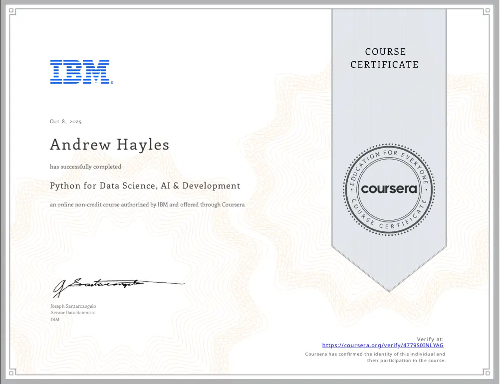 IBM Course Certificate 4 - Python for Data Science
