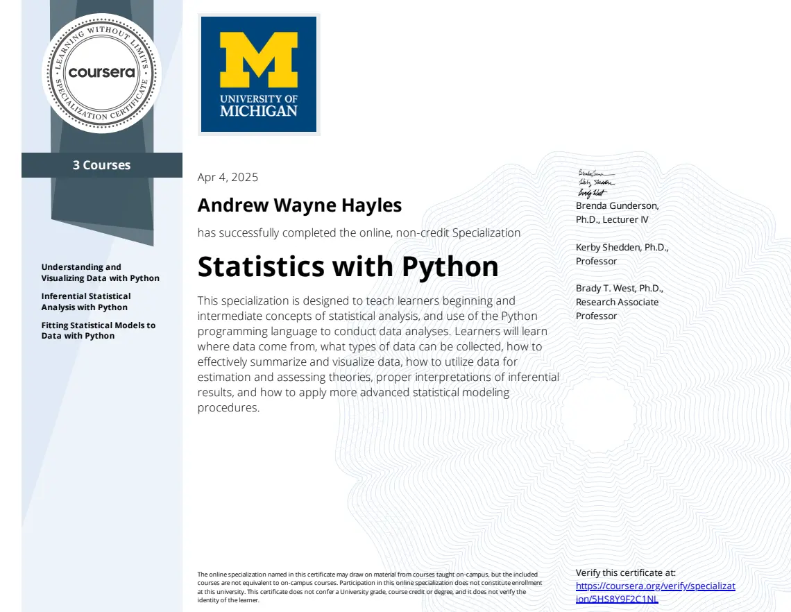 University of Michigan Certificate - Statistics with Python